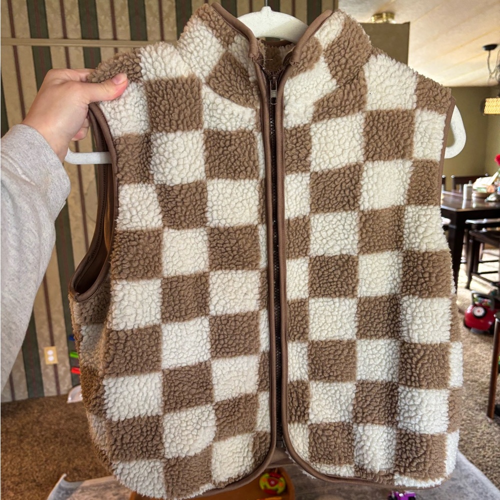Brown and Cream Checkered Sherpa Vest